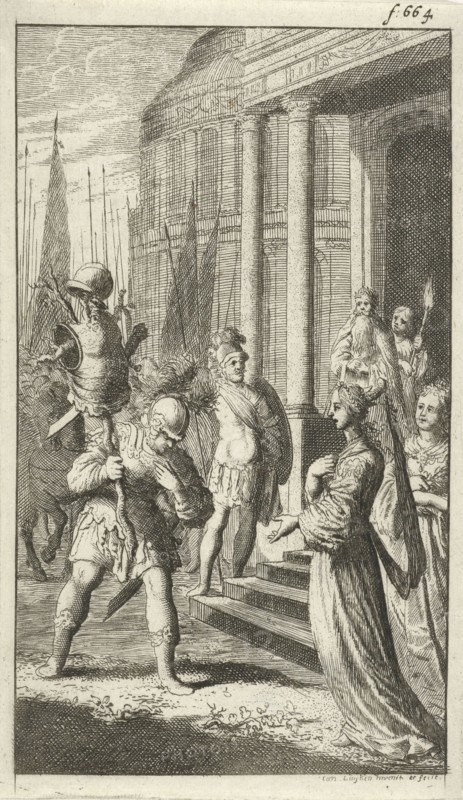 Poliarchus meets Queen Hyanisbe after his victory over Radirobanes, Jan Luyken, 1680