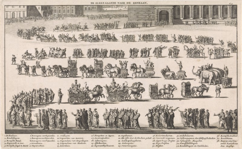 Festive procession towards the Roman amphitheater, Jan Luyken, FranÃ§ois Halma, Willem van de Water, 1697