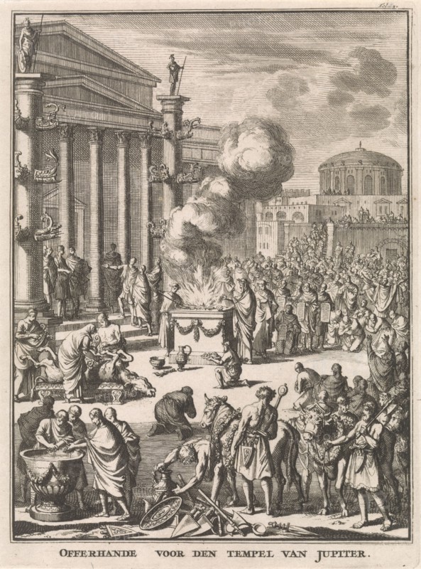 Sacrificial Ceremony before the Temple of Jupiter in Rome, Italy, Jan Luyken, FranÃ§ois Halma, Willem van de Water, 1697
