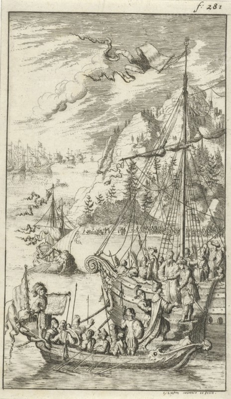 Meeting between the ships of Radirobanes and Meleander, print maker: Jan Luyken, Jan Luyken, Jan Claesz ten Hoorn, 1680