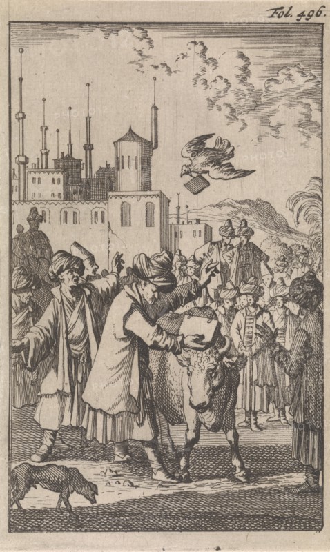 On a large square a crowd of Turks sees how Mahomed takes a book that is held between the horns of a bull, Caspar Luyken, Timotheus ten Hoorn, 1696
