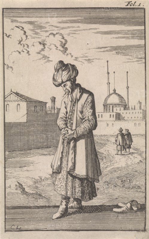 A standing Turk in prayer, Caspar Luyken, Timotheus ten Hoorn, 1696