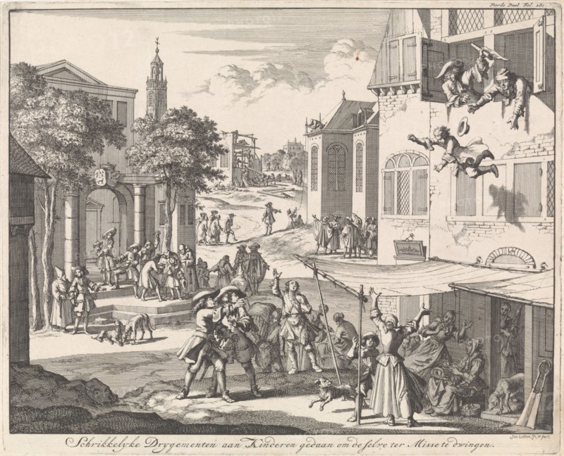 Child is thrown out of the window because it refuses to serve Mass, Jan Luyken, 1696