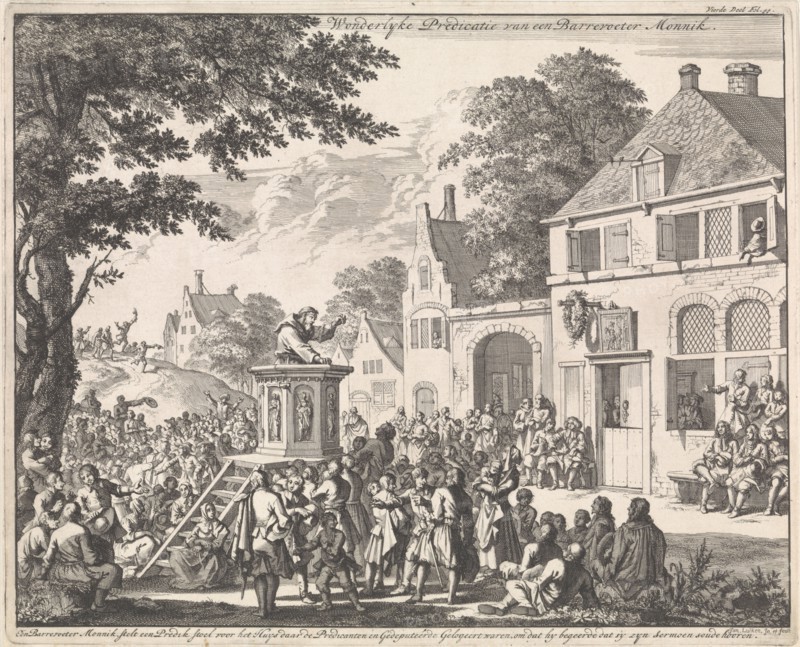 Monk preaching from a pulpit in front of an inn, Jan Luyken, 1696