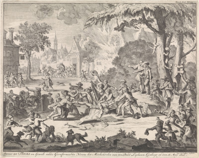 Riot at Tours where the corpse of a Protestant is mistreated, France 1621, Jan Luyken, Caspar Luyken, Jan Claesz ten Hoorn, 1696