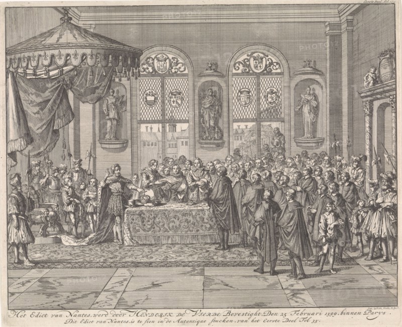 Confirmation of the Edict of Nantes by Henry IV in Paris, 1599, France, Jan Luyken, 1696