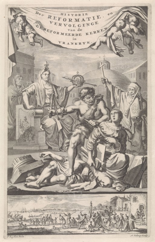 Gallia and the French Catholic Church watch how the Reformed Church is lashed, Adriaen Haelwegh, Jan Luyken, Jan Claesz ten Hoorn, 1696