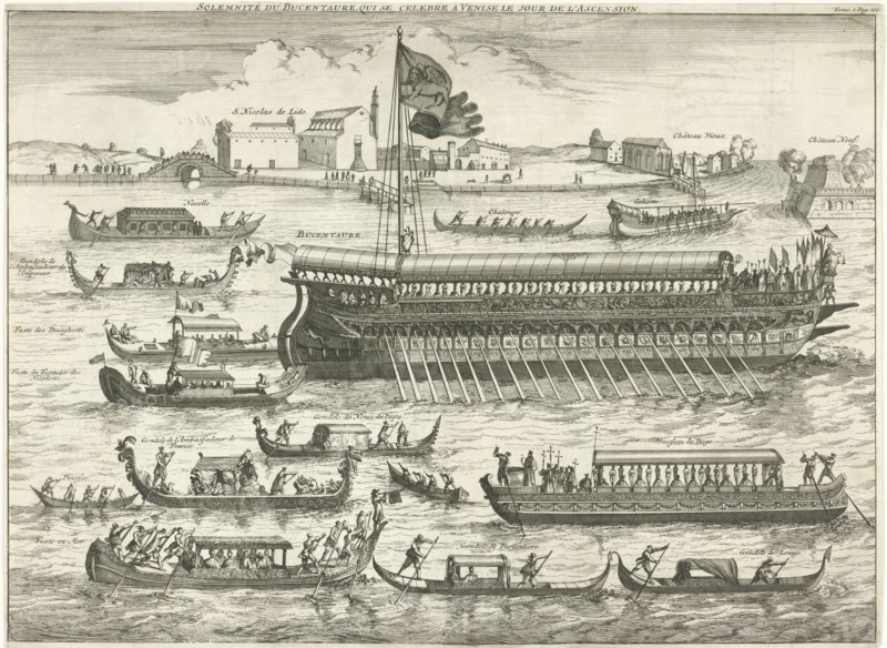 Bucentaurus surrounded by fourteen gondolas, Caspar Luyken, Pieter Mortier, 1695