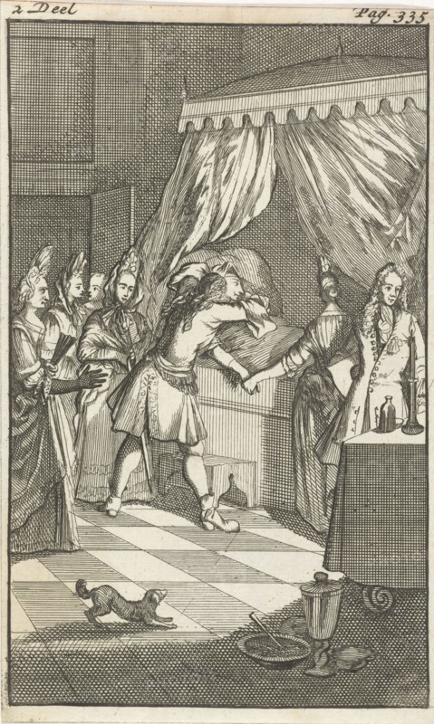 Mirandor's brother at the bedside of Rosamire, Caspar Luyken, Pieter van Rijschooten, 1695