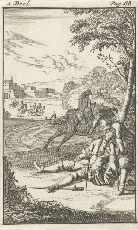 Mirandor finds a wounded man near Arras, France, Caspar Luyken, Pieter van Rijschooten, 1695