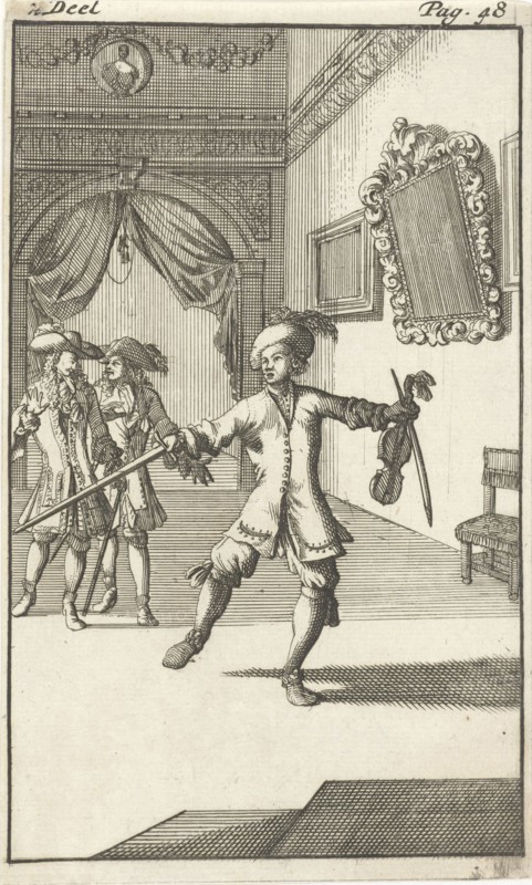 Mirandor and Belindor receives a visit from a man who performs dance steps, print maker: Caspar Luyken, Pieter van Rijschooten, 1695