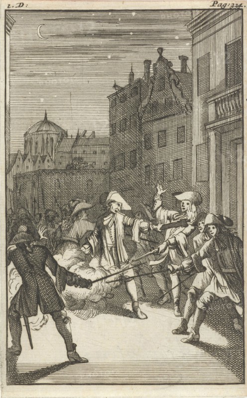 Mirandor and Belindor in Paris attacked by disguised men on a street, print maker: Caspar Luyken, Pieter van Rijschooten, 1695