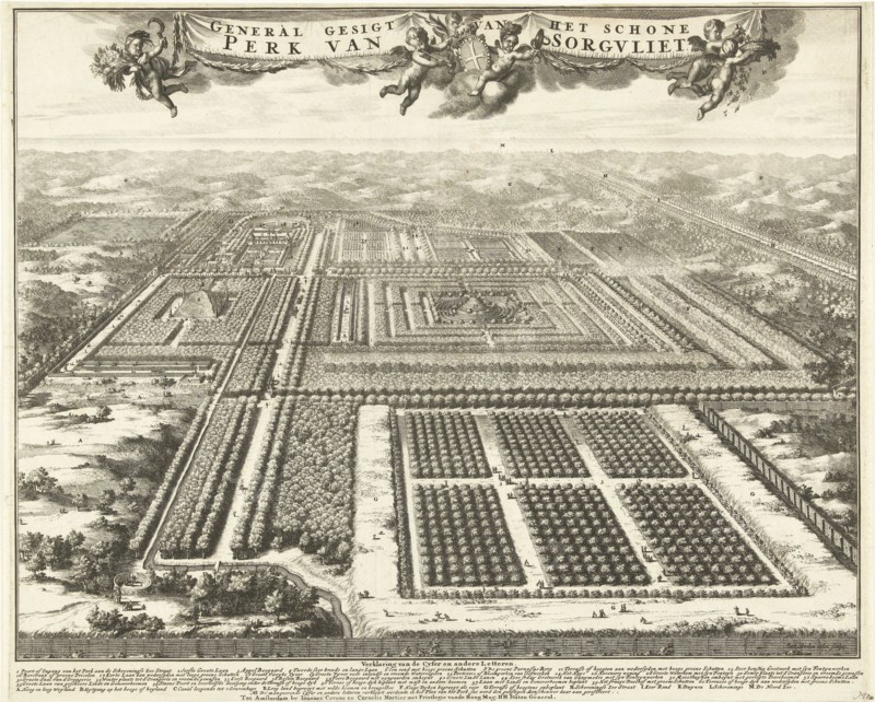 View of Zorgvliet Park in The Hague, The Netherlands, Johannes Jacobsz van den Aveele, Johannes Covens and Cornelis Mortier, Staten-Generaal, c. 1691 - c. 1698
