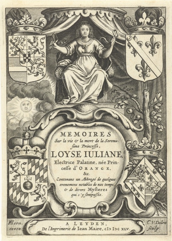 Louise Juliana of Orange-Nassau enthroned under canopy, print maker: Cornelis van Dalen I, Horn, Joannes Maire, 1645