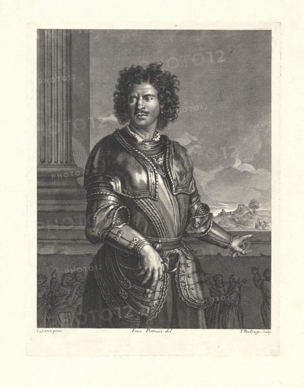 Portrait of an unknown man in a harness, he faces a railing with a relief and is pointing to two horsemen and a man with a lance on a country road near a castle, print maker: Theodor Vercruys (mentioned on object), Dating 1690 - 1736