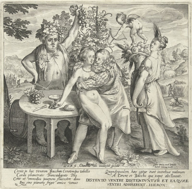 Man nurtures love with wine and bread, print maker: Nicolaes de Bruyn, Assuerus van Londerseel, 1581 - 1656