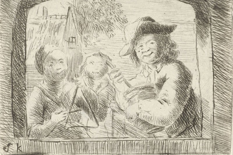 Rommelpot, a friction drum player and two children in a niche, Simon Klapmuts, 1744-1780