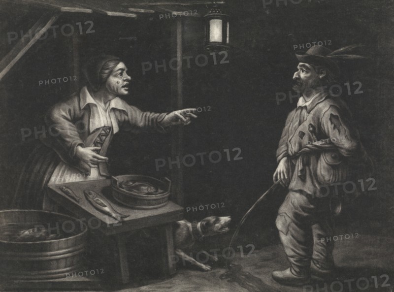 Night scene of a fishmonger and a man urinating, Jan van der Bruggen, 1659 - 1740