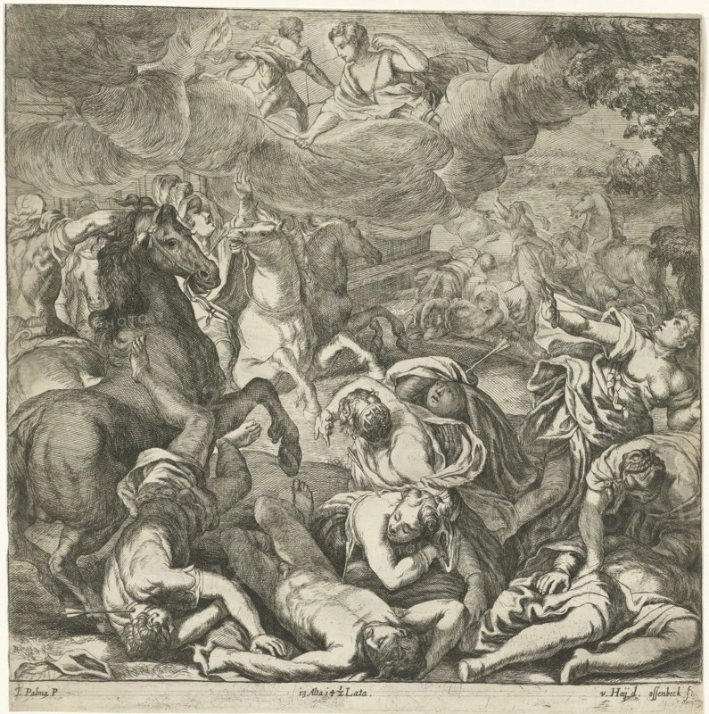 Apollo and Diana kill the children of Niobe, print maker: Jan van Ossenbeeck, Nikolaas van Hoy, Jacopo Palma, in or after 1660