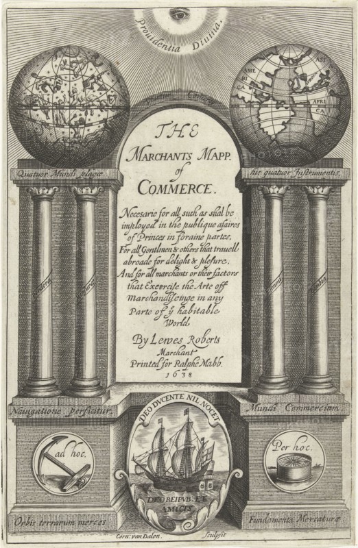 Seeing eye looks down on architecture awarded with world globe and celestial globe on pillars on either side of title, Cornelis van Dalen I, Ralph Mabb, 1638