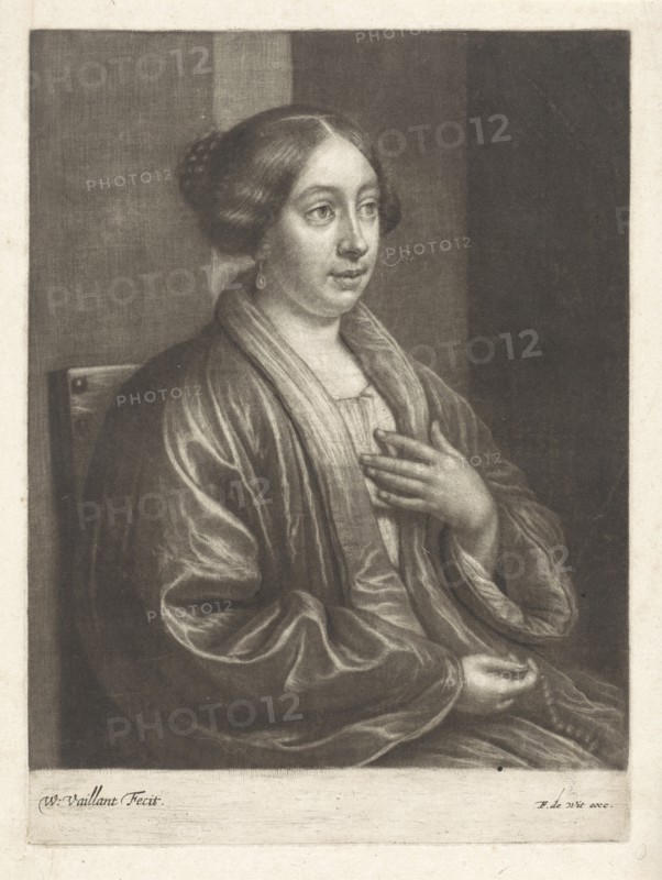 Portrait of a woman with a pearl necklace in hand, Wallerant Vaillant, Frederik de Wit, 1658-1706