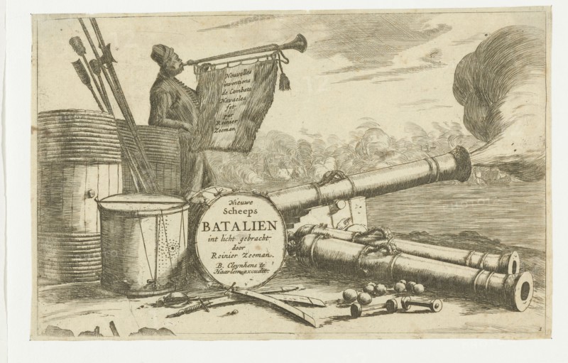 Title page with the equipment of a warship and a trumpet player, Reinier Nooms, 1652 - 1656