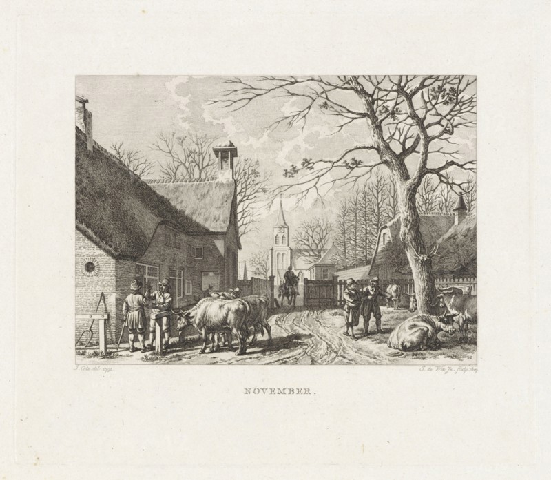 Farmers negotiate near oxen in a village, print maker: Izaak Jansz. de Wit, 1807, Jacob Cats, 1741-1799