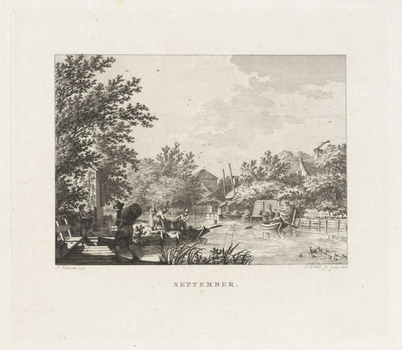 Figures carrying baskets of fruit on a river, Izaak Jansz. de Wit, 1806