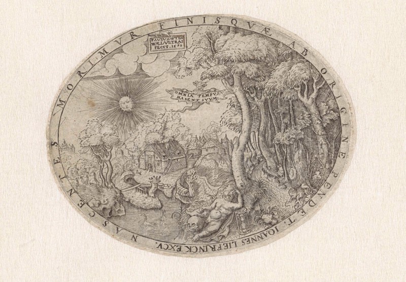 Boy with a skull and hourglass in a landscape, Paulus van Wtewael, Hans Liefrinck (II), 1570