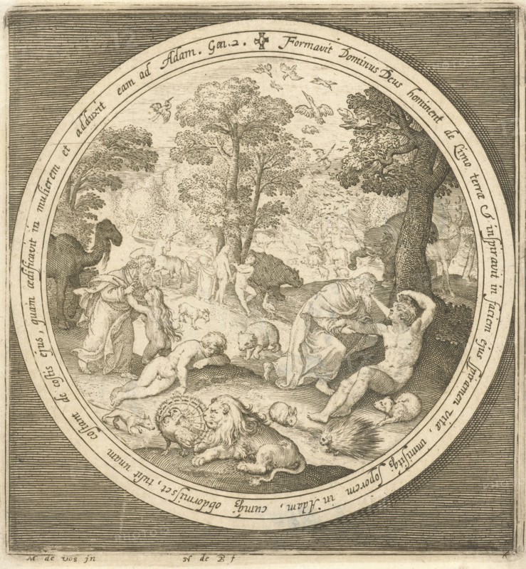 Sixth day of creation: God creates the animals and Adam and Eve, print maker: Nicolaes de Bruyn, Maerten de Vos, 1581 - 1656
