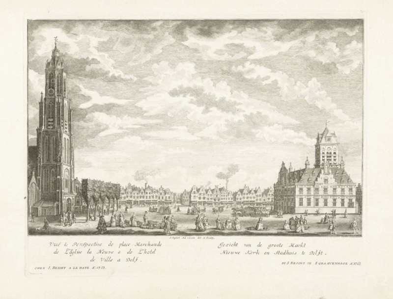 View of the Market with New Church and Town Hall in Delft, The Netherlands, print maker: Iven Besoet, 1765