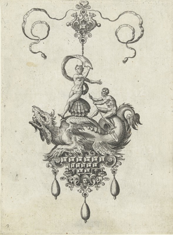 Pendant with dragon with a double shell on his back, Adriaen Collaert, Hans Collaert I, Philips Galle, 1582