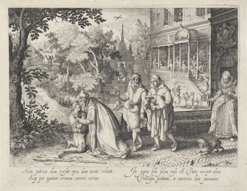 Return of the prodigal son, Claes Jansz. Visscher (II), David Vinckboons, 1608