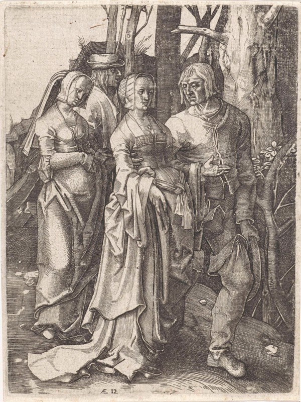 Two couples in the woods, print maker: attributed to Johannes Wierix, Lucas van Leyden, 1559 - before 1566