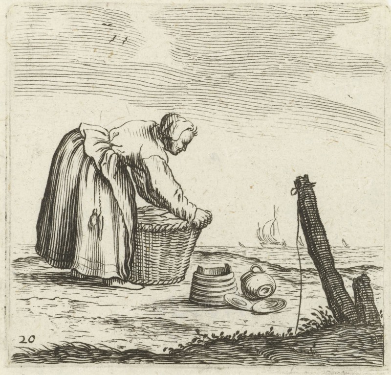 Dune landscape with a woman bent over a basket, Gillis van Scheyndel (I), Jan Porcellis, 1603 - 1653