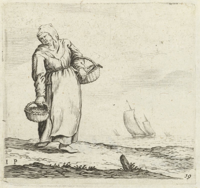 Dune landscape with a woman carrying two baskets, Gillis van Scheyndel I, Jan Porcellis, 1603-1653