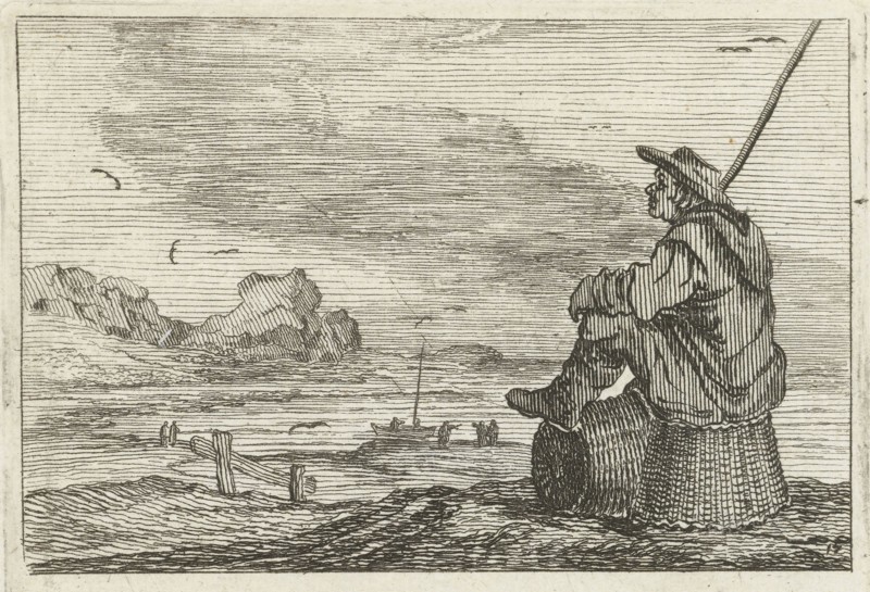 Dune landscape with a man sitting on two baskets, Gillis van Scheyndel (I), Jan Porcellis, 1645