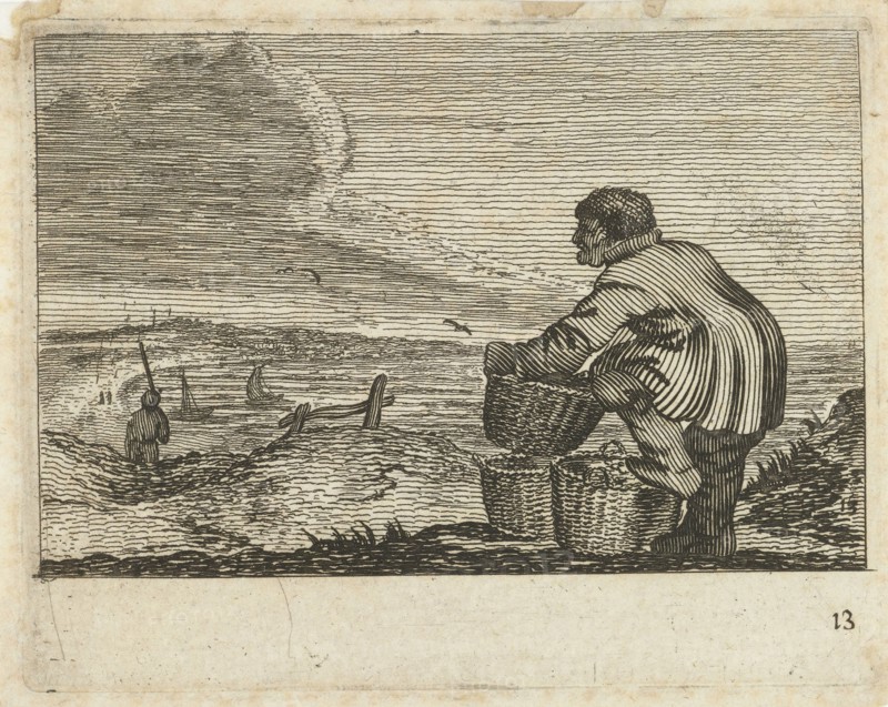 Dune landscape with a man with three baskets, Gillis van Scheyndel (I), Jan Porcellis, 1645