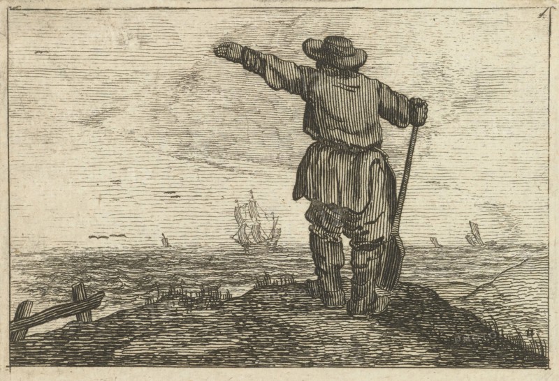 Dune landscape with a waving man leaning on a shovel, Gillis van Scheyndel (I), Jan Porcellis, 1645