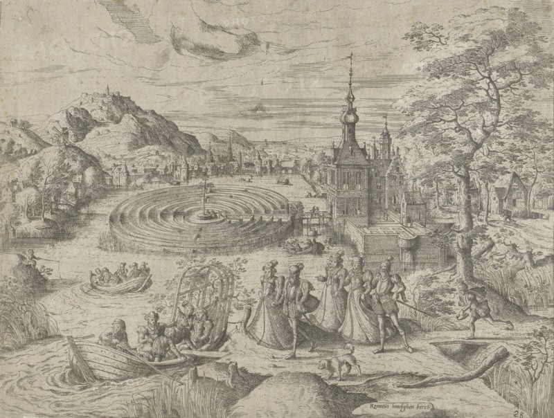 Landscape with company getting into a boat, Remigius Hogenberg, 1546-1588