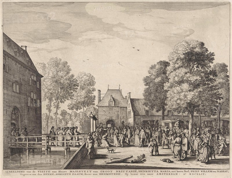Visit of Queen Henrietta Maria to Adriaen Peacock on the Slot Heemstede, 1642, Anonymous, Claes Jansz. Visscher (II), 1642