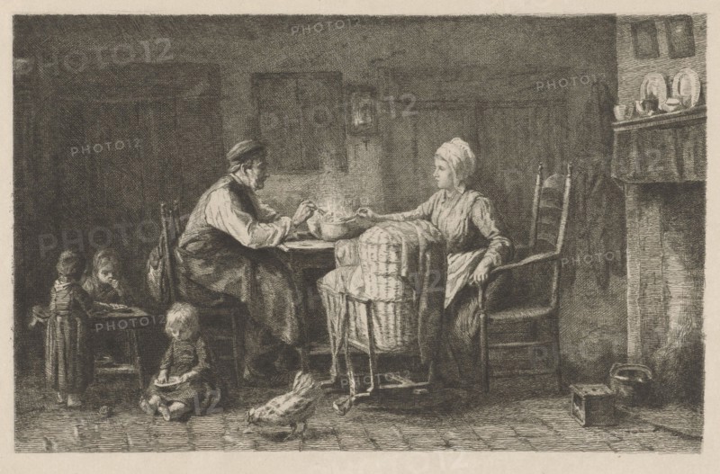 Interior with family eating a meal, Ferdinand Leenhoff, 1841 - 1914