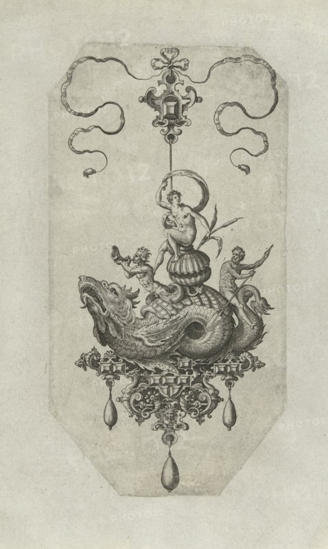 Pendant with dragon with a double shell on his back, print maker: Adriaen Collaert, Hans Collaert I, Philips Galle, 1582