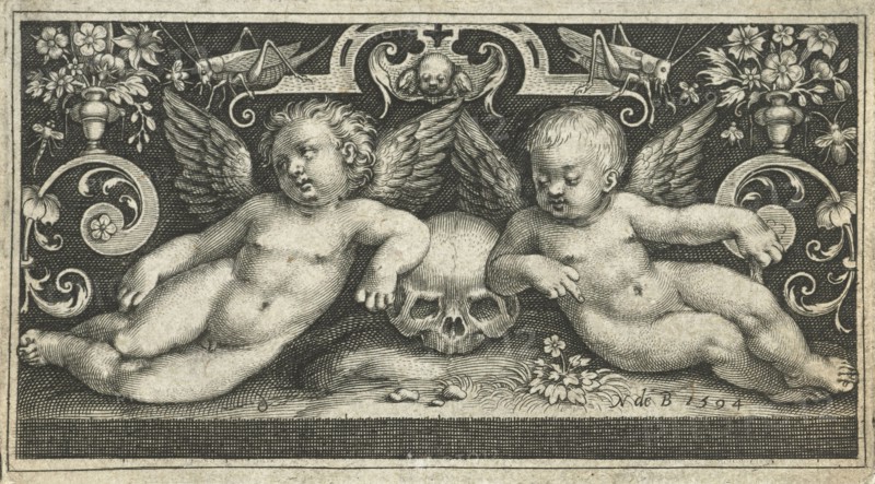 Two fighting children, riding on goats, flanked by children who blow the trumpet, Nicolaes de Bruyn, 1594