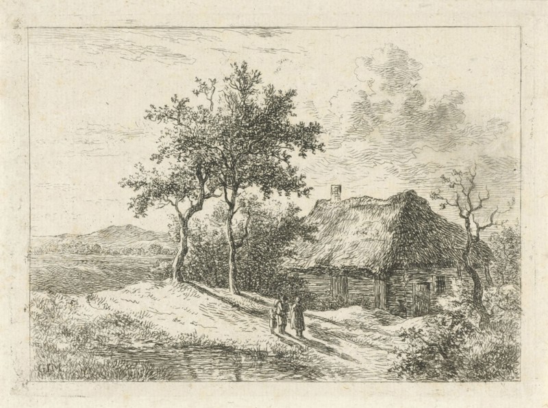 Three figures at a farm, Gerrit Jan Michaelis, 1785 - 1857