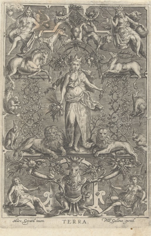 The Earth, in frame of grotesques, Anonymous, Marcus Geraerts, Philips Galle, 1547 - 1612