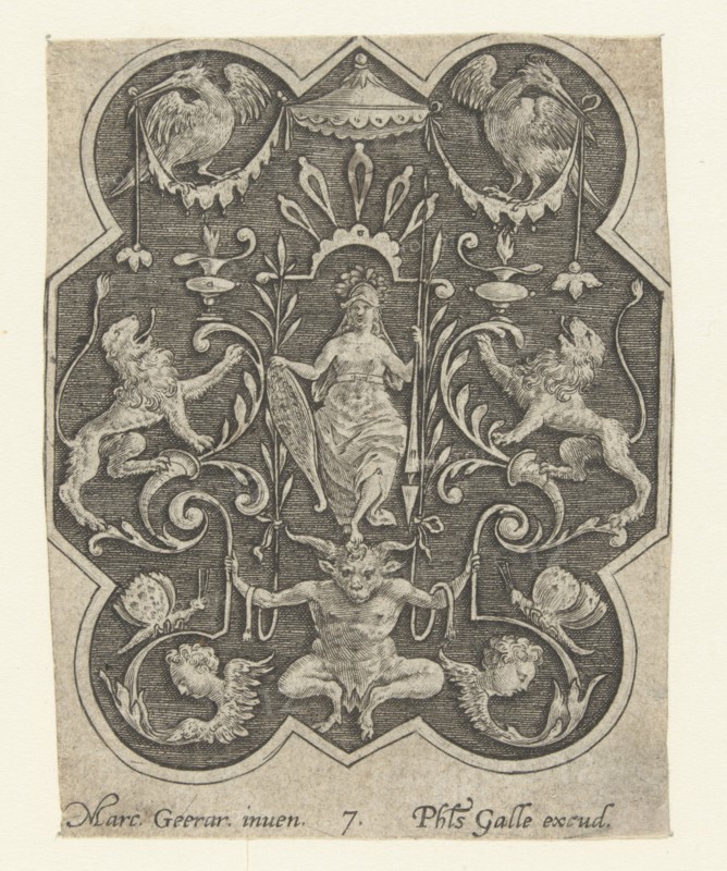 Helmeted woman with shield and spear, Philips Galle, Marcus Geeraerts, 1547 - 1612