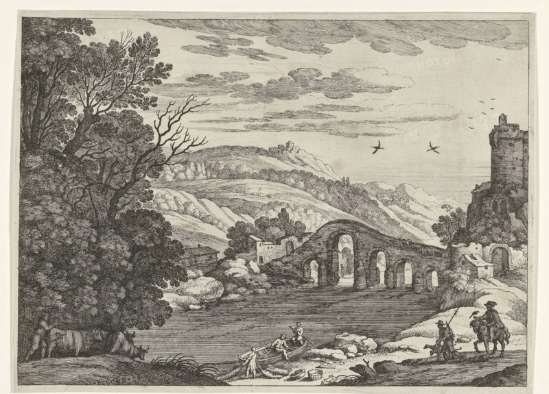 A hilly landscape is crossed by a river, over the river a stone bridge with five arches, on the shore is a rowing boat with two men, a third man is working on a fishing net, hunters and a shepherd on the path along the river, print maker: Willem van Nieulandt (II), Dating 1594 - 1635