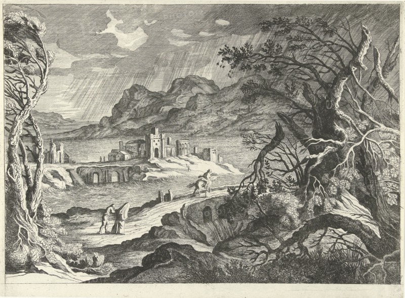 Italian landscape in the storm, Willem van de Lande, Adriaen van Nieulandt (I), 1635 - 1650