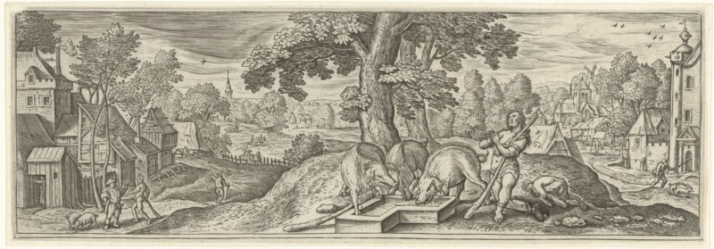 The prodigal son as a swineherd, Julius Goltzius, Hans Bol, Claes Jansz. Visscher (II), c. 1560 - 1595